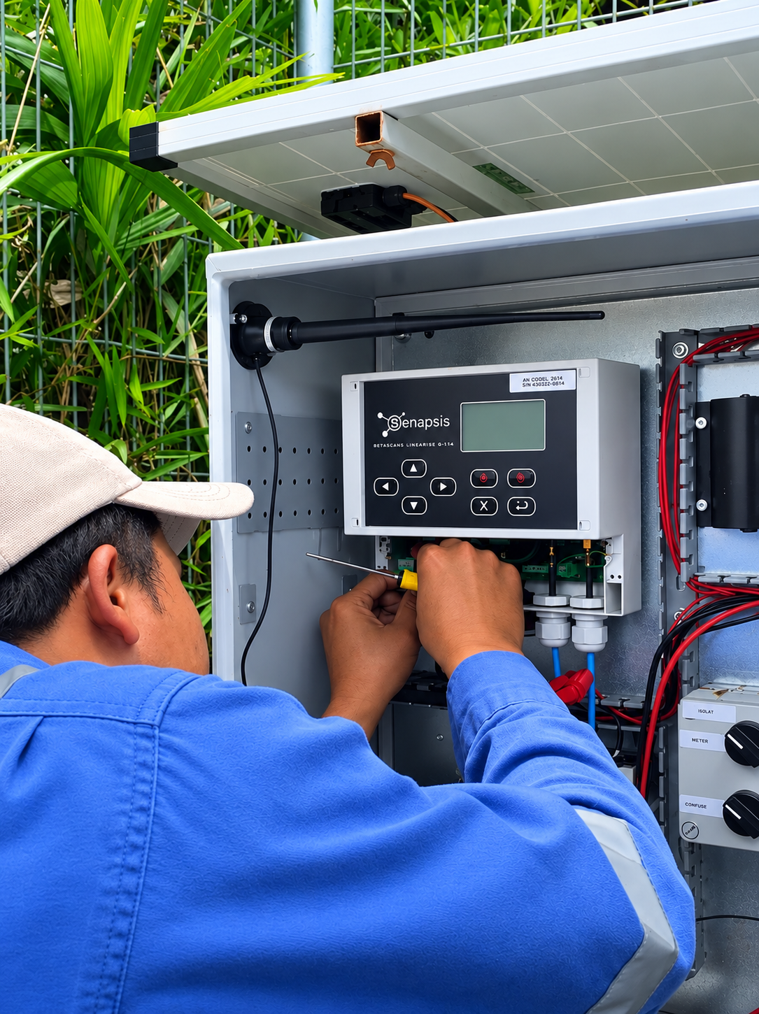 Technician servicing a Senapsis controller panel onsite