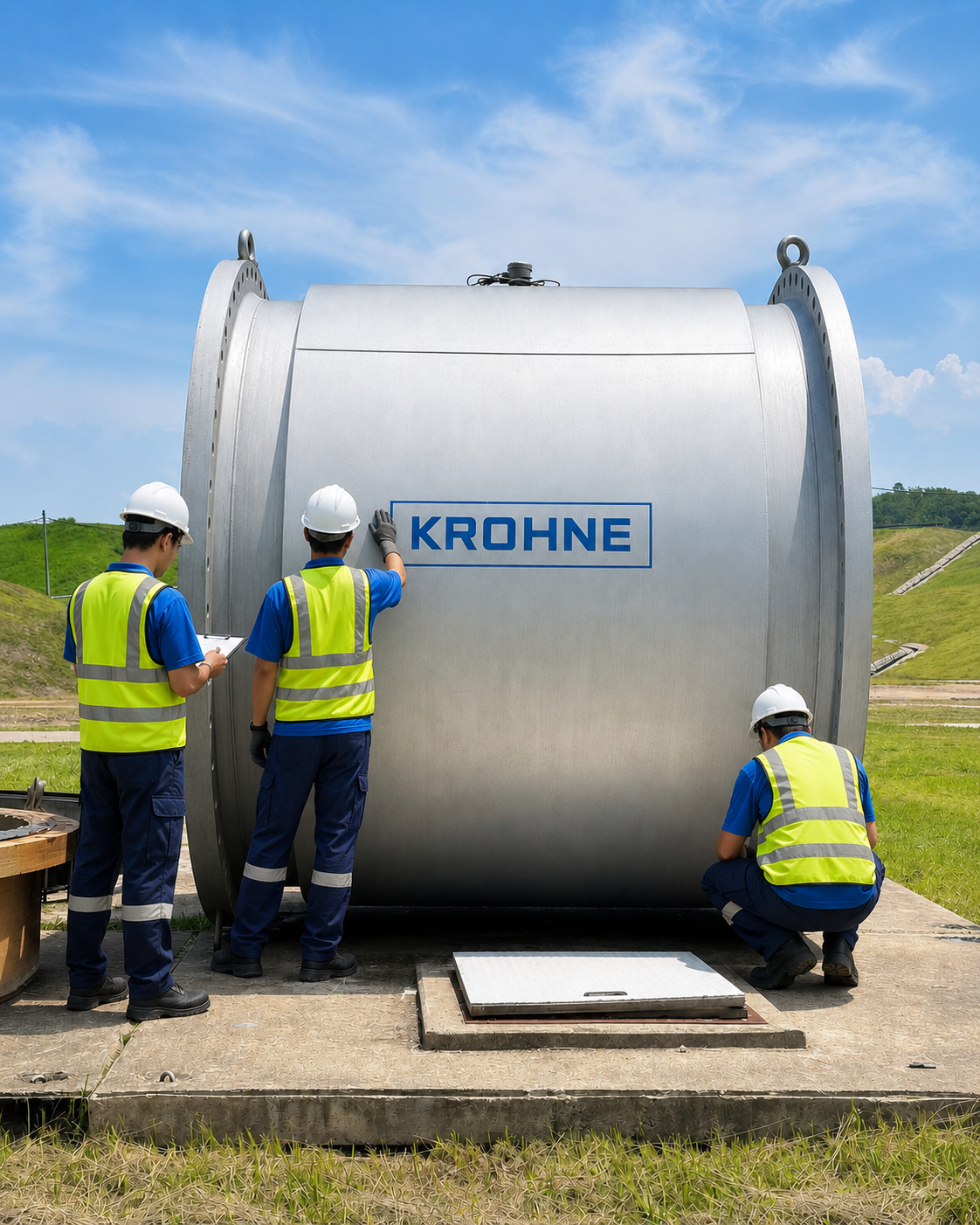 Mimtech technician with a large KROHNE flowmeter installed onsite